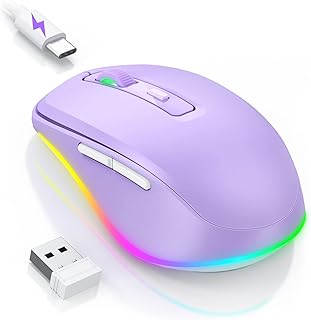 Seenda Wireless Mouse, USB Jiggler Rechargeable RGB Mouse, 800/1200/1600/2000 Adjustable DPI, Soft Click, Portable Computer Mice for Windows/Mac/Linux, Purple