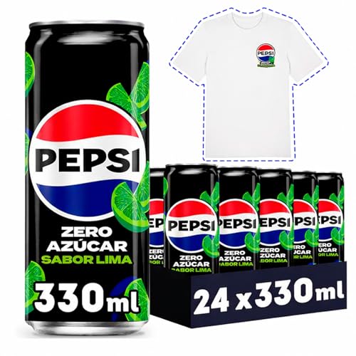 PEPSI zero Lima Refresco de cola con cero azúcar y cero calorías, pack de 24 latas de 330 ml, 7.92 litros en total, Incluye camiseta de Regalo