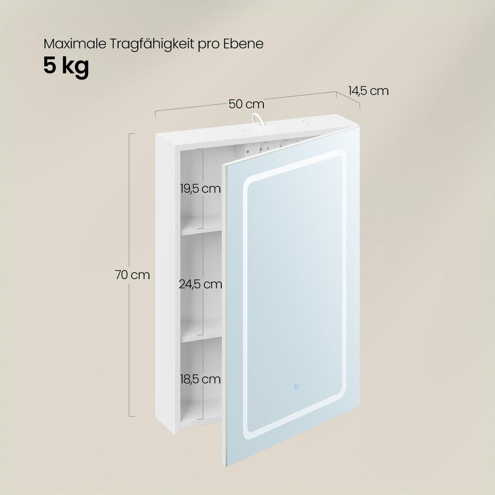EUGAD Spiegelschrank für kleine Wohnungen Badzimmer, mit 1 Spiegeltür, 3 einstellbare Farbtemperaturen, mit verstellbaren Einlegeböden und Steckdosen, Weiß, 50 x 70 x 14,5 cm