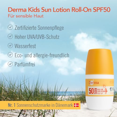 2. Bild von DERMA Sonnenschutz Roll-On Lotion für Baby & Kinder LSF 50 UVA-UVB| Sonnencreme Gesicht & Körper | Nicht-fettende, Wasserfest | Parfümfrei, Hypoallergen Sonnenmilch für Kids | Empfindliche Haut | 50ml