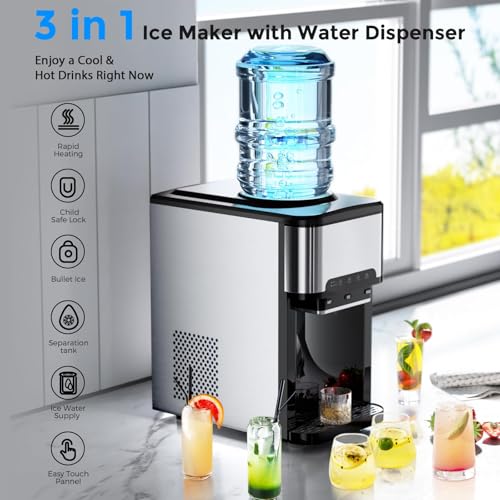 FZF Ice Maker Machine Countertop, 3 in 1 Portable Ice Maker with Hot/Cold Water Dispenser, 12 Cubes in 7 Mins Stainless Steel Nugget Ice Maker, 44Lbs in 24H Ice Cube Maker for Home Bar/Camping/RV