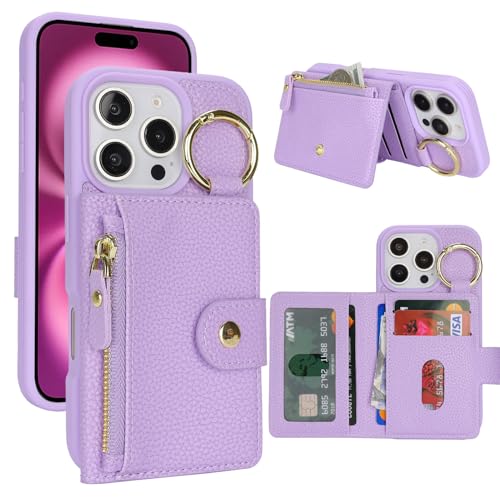 Protection iPhone 16 Pro violette étui portefeuille zippé avec fente support de visionnage polyvalent