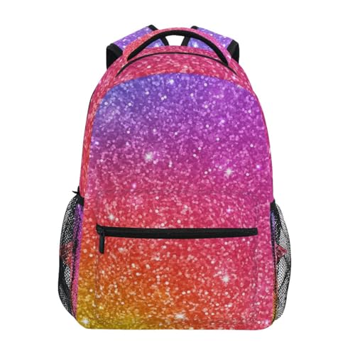 Pink Purple Glitter School Backpack, Compact Back Pack for School Girls, Name Tag, 15L, Durable Organized Pockets, S