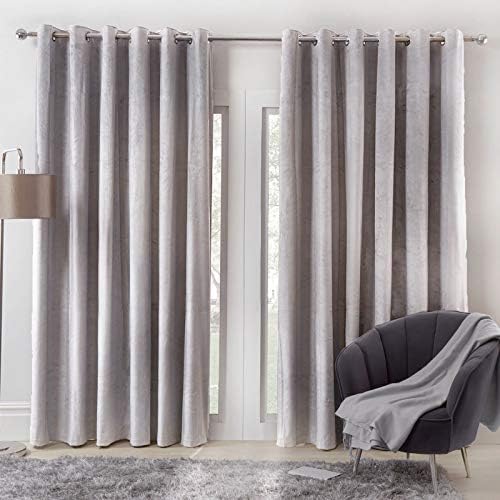 Sienna Capri Shimmer Velvet Eyelet Curtains Ring Top Pair of Fully Lined Super Soft - Silver Grey, 46" wide x 72" drop