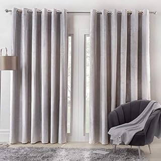 Sienna Capri Shimmer Velvet Eyelet Curtains Ring Top Pair of Fully Lined Super Soft - Silver Grey, 46" wide x 72" drop