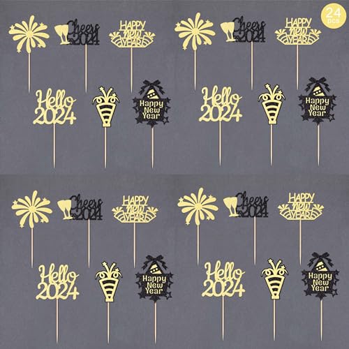 Gexolenu 24 Pcs Happy New Year Cupcake Toppers Hello 2024 Cupcake Picks Glitter Black Cheers To 2024 Fireworks Cake Picks For New Year Eve Party Decoration Supply - Thumbnail 3