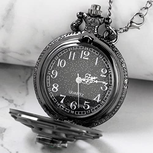 Whodoit Black Men's Hollow-Out Compass Quartz Pocket Watch, Rudder Hollow Arabic Digital Dial Quartz Pocket Watches With Chain For Men #TOP2