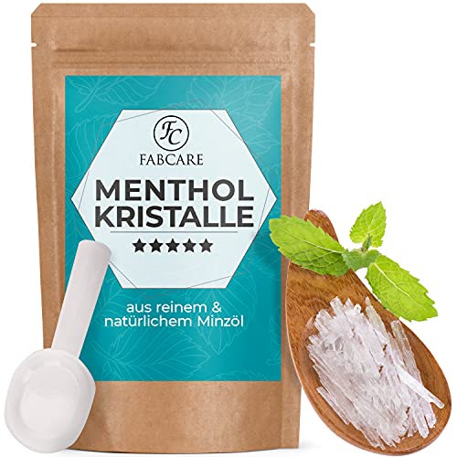 FABCARE Cristales de mentol para sauna (100g) incl. cuchara dosificadora - Mentol 100% natural, libera las vías respiratorias - Infusión refrescante para sauna a base de aceite de menta puro