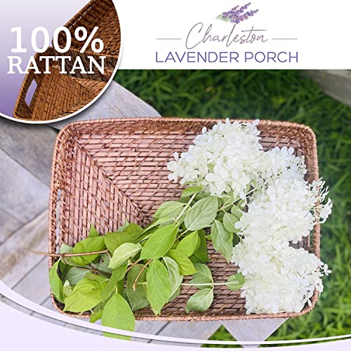 Charleston Lavender Porch Rattan Serving Tray Hand-Woven Rectangle With Handles | Naturally Beautiful Display For Breakfast, Snacks, Tea, Coffee Table Or Ottoman | Genuine High Wall Wicker Basket #TOP6