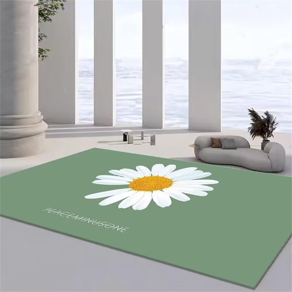 Tapis lavable de salon et chambre enfant vert à fleurs 70x120cm