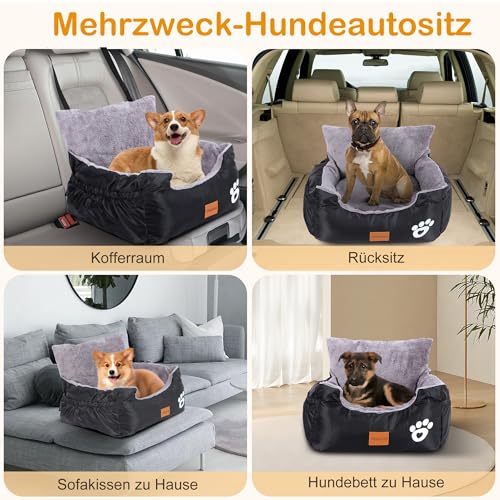 Hunde Autositz, 55x30x30cm, 1 Ansteckbare, Verstellbare Sicherheitsleinen, Auto-Hundebett für kleine Hunde, komplett Abnehmbarer und Waschbarer Autositz für Haustiere mit 2 Aufbewahrungs