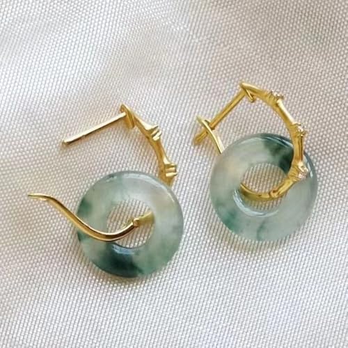 Pendientes de botón de jade verde y plata S925 con hebilla bambú 4