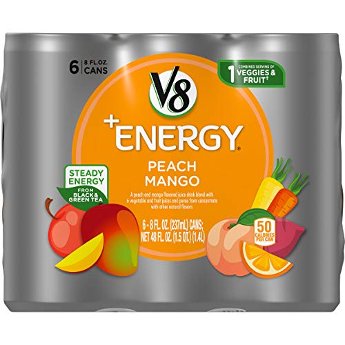 V8 +Energy, Healthy Energy Drink, Natural Energy from Tea, Peach Mango, 8 Fl Oz Can (pack of 6)