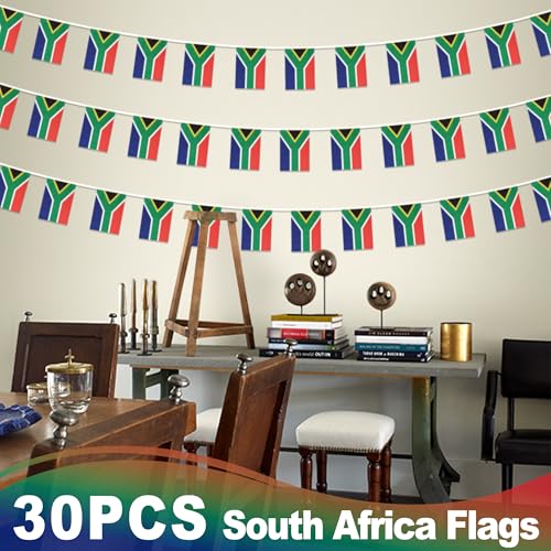 Image of South Africa String Flag Pennant Banner, Small Mini South African Flags Bunting Banner, National Country Decoration for School, Party, Sports Events, Patriotic Festival, 33 Feet 30 Flags