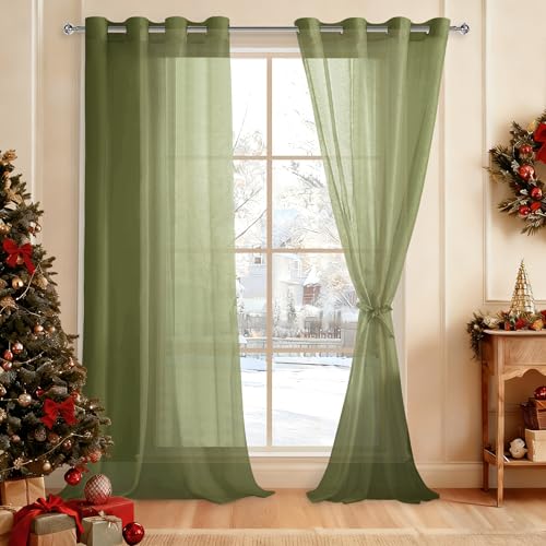 DWCN Lot de 2 Rideaux Voilages à Oeillets pour Fenêtre, Rideau Transparents avec Embrasses pour Salon Chambre d'enfant, Vert Olive, 140x240cm (Largeur x...