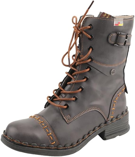 TMA EYES Women's Clasical Lace-Up Zipper Breathable Lining Flat with Hand-stitched Mid-calf Boots