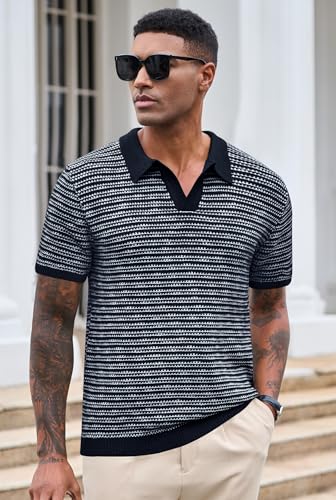 Men V Neck Polo Knit Striped Heavyweight Casual Poloshirts Summer Short Sleeve Shirt (S-XXL)3