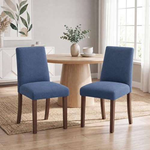 Image of Upholstered Dining Chairs Set of 2, Mid-Century Dining Room Chairs with Wooden Legs, Farmhouse Fabric Parsons Chairs for Small Space Restaurant & Cafe- Blue