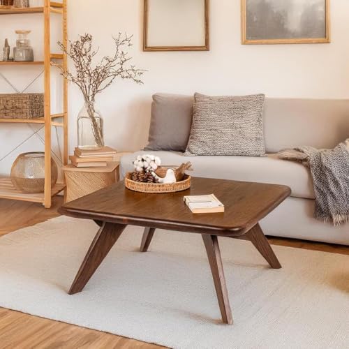 Image of Solid Sheesham Wood Squre Coffee Table for Living Room | Modern Center Table with Sturdy Triangular Legs | Wooden Tea Table for Home & Office (Squre Coffee Table, 56x56X41CM) (Asthetic)