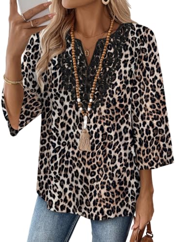 Image of WIHOLL 3 /4 Length Sleeve Womens Tops Boho V Neck Lace Shirt Trendy Blouses Dressy Casual Vacation Clothes S-3XL