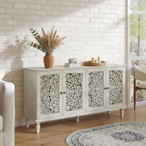 Image of White Sideboard Cabinet with Carved Doors, White Buffet Cabinet, Vintage Cabinet with Doors and Shelves, Farmhouse Storage Cabinet for Dining Room, Living Room & Entryway