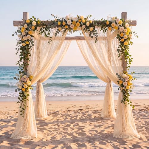 Image of HunnmingRe 2 Panel Beige Wedding Arch Draping Fabric Summer 30 inch X 18 FT Lace Wedding Arch Drapery Embroidered Boho Rustic Backdrop Vintage Decor for Bridal Shower Church Ceremony Decoration