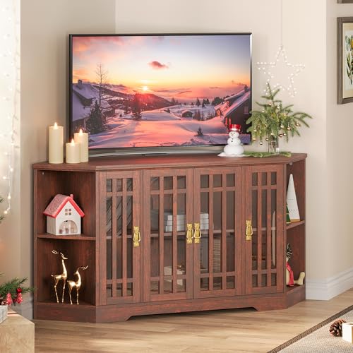 Image of IRONCK Corner TV Stand for TVs up to 60 Inch with Power Outlet, Corner Entertainment Center with Storage Cabinet and Glass Doors, Mid Century Modern TV Stand for Living Room, Bedroom, Red Walnut