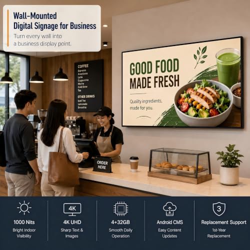 Image of 32 inch Wall-Mounted Digital Signage Display, 4K Menu Board