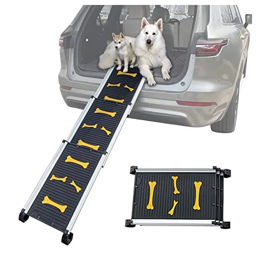 HOXWELL Collapsible Dog Ramp Telescopic Pet Ramps for Large Dogs SUV and Car, Portable Non-Slip Car Ramps for Small, Medium Dog, Anti-Resistant with Rubber Bone Pattern, Adjustable Length 28” to 62”