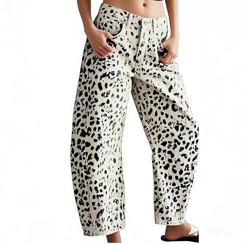 Leopard Pants Women Barrel Baggy Y2k Boyfriend Jeans Cheetah Print Jeans Mid Rise Embroidered Jean