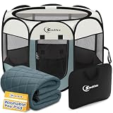 Siedihit Puppy Playpen for Large Dog Cat, Dogs Tent Crate Cage Indoor/Outdoor, Portable Pop Up Dog Kennel with Carrying Bag for Rabbits, Removable Top (Grey with Pad, Large)