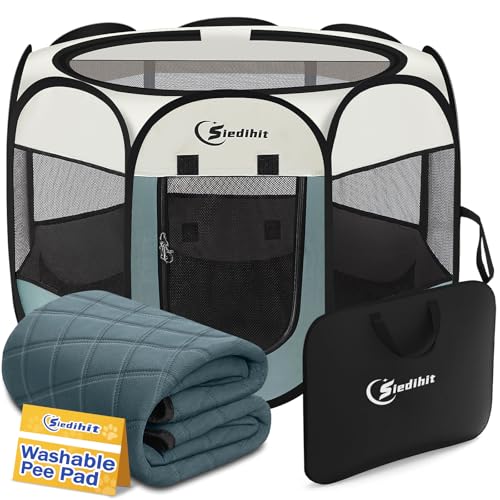 Image of Siedihit Puppy Playpen for Large Dog Cat, Dogs Tent Crate Cage Indoor /Outdoor, Portable Pop Up Dog Kennel with Carrying Bag for Rabbits, Removable Top (Grey with Pad, Large)