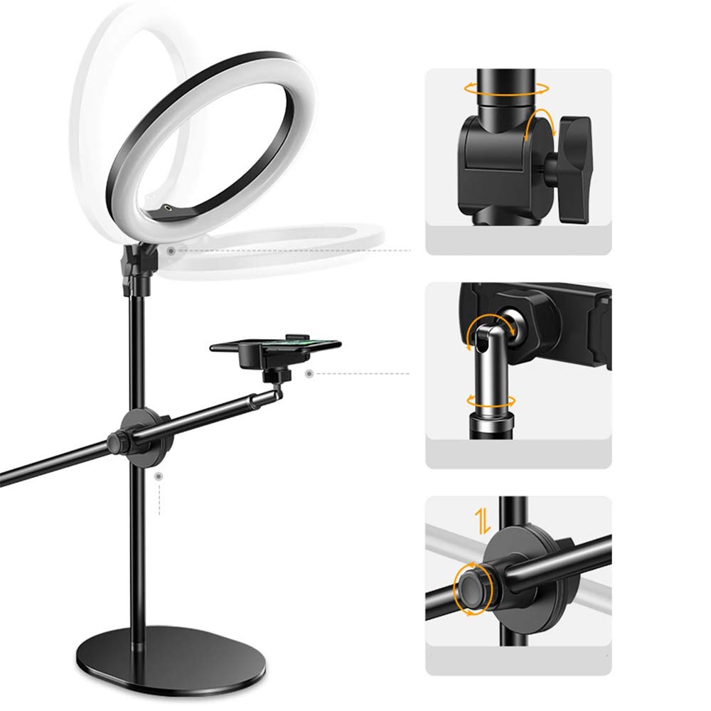 Overhead Phone Stand with Ring Light, Tabletop Ringlight with Flexible Arm Stands, 360° Adjustment Stable Base, for Nail Art Live Broadcast Baking