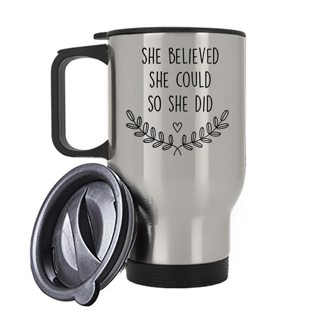 Women Gift, She Believed She Could So She Did, Congratulations Gifts, Insulated Travel Mug, Tea, Coffee Mug. (Silver)