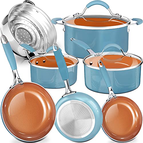 10-Piece Induction Pots and Pans Set, Cookware Set with Silicone Grip, Non-Stick Ceramic Coating, Frying Pan, Skillet, Stock Pot, Sauce Pan, Stainless Steel Steamer,Valentine's Day gift,Spring holiday