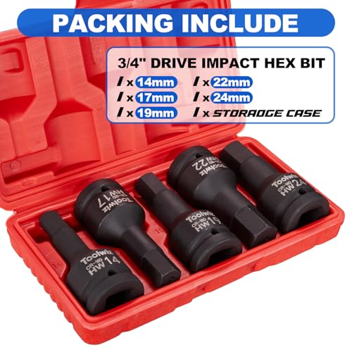 Image of Toolwiz 3 /4 Inch Drive Impact Hex Bit Set, 5-Piece Metric 14mm-24mm, Cr-Mo | One-Piece Construction, Impact Grade, Professional Automotive Impact Bit Socket Set, Heavy Duty PVC Storage Case