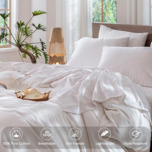 Image of MooMee Striped Sheet Set 100% Washed Cotton Linen Like Queen | Relaxed Linen-like Texture. Soft, Breathable & Lightweight Comfort. 15-19 inch Extra Deep Pocket with All-around Elastic