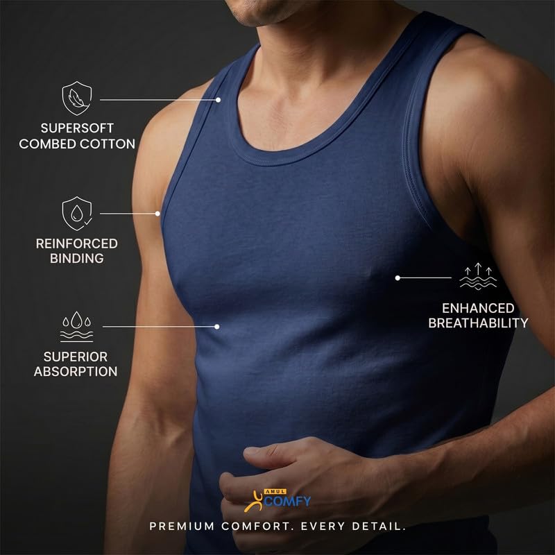 Image of Amul Comfy Men's Cotton Vest | Round Neck Sleeveless | Seamless Body for Superior Comfort | Ultra-Soft Hand Feel | 100% Pure Cotton Innerwear | Color May Vary