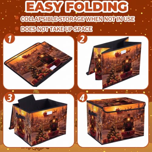 Image of Briwooody Christmas Storage Bin with Lid and Carrying Handle Christmas Train Foldable Storage Box Large Xmas Snowy Night Decorative Collapsible Container Basket for Organizing Closet Home Bedroom