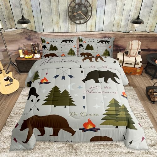 Homewish Happy Camping Comforter Set Twin Size Hunt Bear Pine Trees Bedding Set for Kids Boys Men Adults Cabin Room Decor Campfire Arrow Cartoon Quilt Set Wild Outdoor Adventure Duvet Insert 2pcs