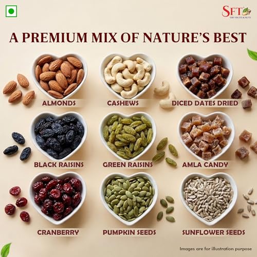 Image of SFT Premium Mixed Dry Fruits & Seeds (9 In 1) Pack 500Gm | Nutritious Snack with Almonds, Cashews, Diced Dates, Black Raisins, Green Raisins, Amla Candy, Cranberry, Pumpkin & Sunflower Seeds | Resealable Pack for Freshness