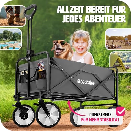 tectake Bollerwagen faltbar, Transportwagen klappbar, mit Tasche, Handwagen zum Ziehen, breite Gummireifen, Faltbarer Trolley zum Transport, für den Strand, im Garten, belastbar bis 80kg (grau) – Bild 5