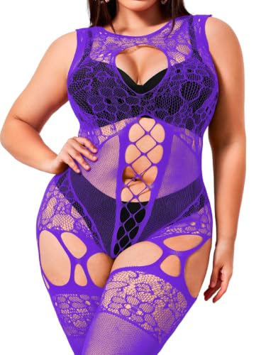 EHSUYAB Plus Size Body Stockings For Women Curvy BBW, Exotic Dancer Lingerie Outfits, Full Sexy Fishnet Bodysuit Rave Party Purple