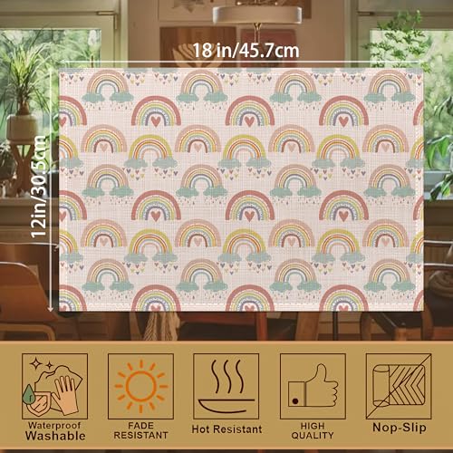 Rainbow Heart Placemats,Boho Whimsical Table Mats Set of 6,12x18 Inch,Waterproof Oil-Proof Washable and Reusable Linen placemats Holiday Party Kitchen Table Decorations by ZIHONSE - Used condition - Image 2