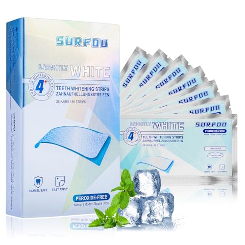 SURFOU Tiras Blanqueadoras Dentales sin peróxidos, 56 piezas (28 tratamientos), fórmula suave y segura para el esmalte, aliento fresco, blanqueamiento duradero con sabor a menta.