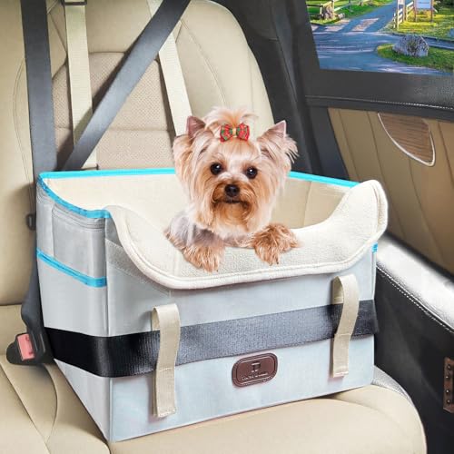 ThreeDokke Asiento Perro Coche Homologado, Elevado Estable, Transportin Perro Pequeño Coche Impermeable y Plegable con Correa de Seguridad para Asientos Delanteros y Traseros(Gris Claro 8KG)