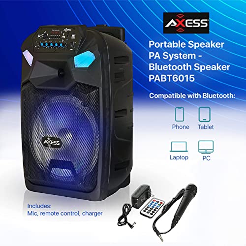 Axess Portable Pa Speaker System With Wired Microphone, 12" Wireless Bluetooth Speaker With Rechargeable Battery And Party Led Lights, Usb Port Sd Card Fm Aux 3.5Mm Input Pabt6015 #TOP1