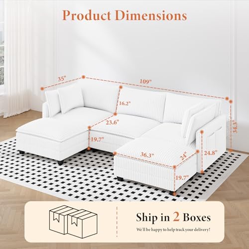 Image of Vesgantti 109 inch U Shaped Cloud Sectional Sofa, Comfy Corduroy Upholstered Sectional Modular Sofas for Living Room, Modern Modular Couch with 2 Ottoman Deep Seat, Warm White
