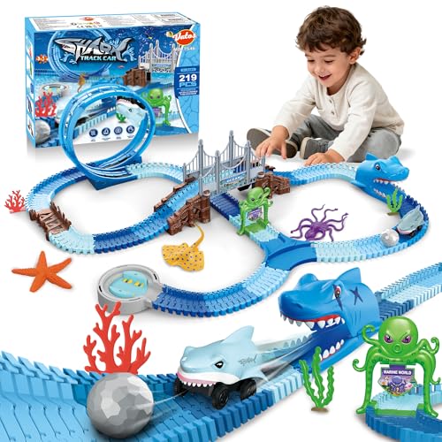 Jouet de course de requin VATOS avec 219 pièces de circuit flexible et voiture électrique