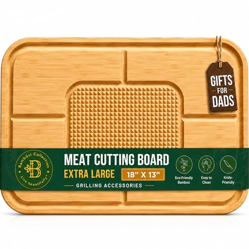 Meat Cutting Board - Extra Large Bamboo Carving Board, 18 x 13 Thick Butcher Block with Deep Juice Groove, Non Slip Center, Reversible Board for Steak, Brisket, Turkey, BBQ Prep Grilling Gifts for Men